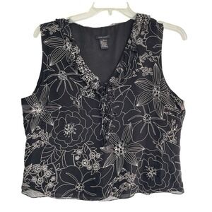 ANNE CARSON Black Floral Print Sleeveless V-Neck‎ Ruffle Tie Neck Silk Top XL
